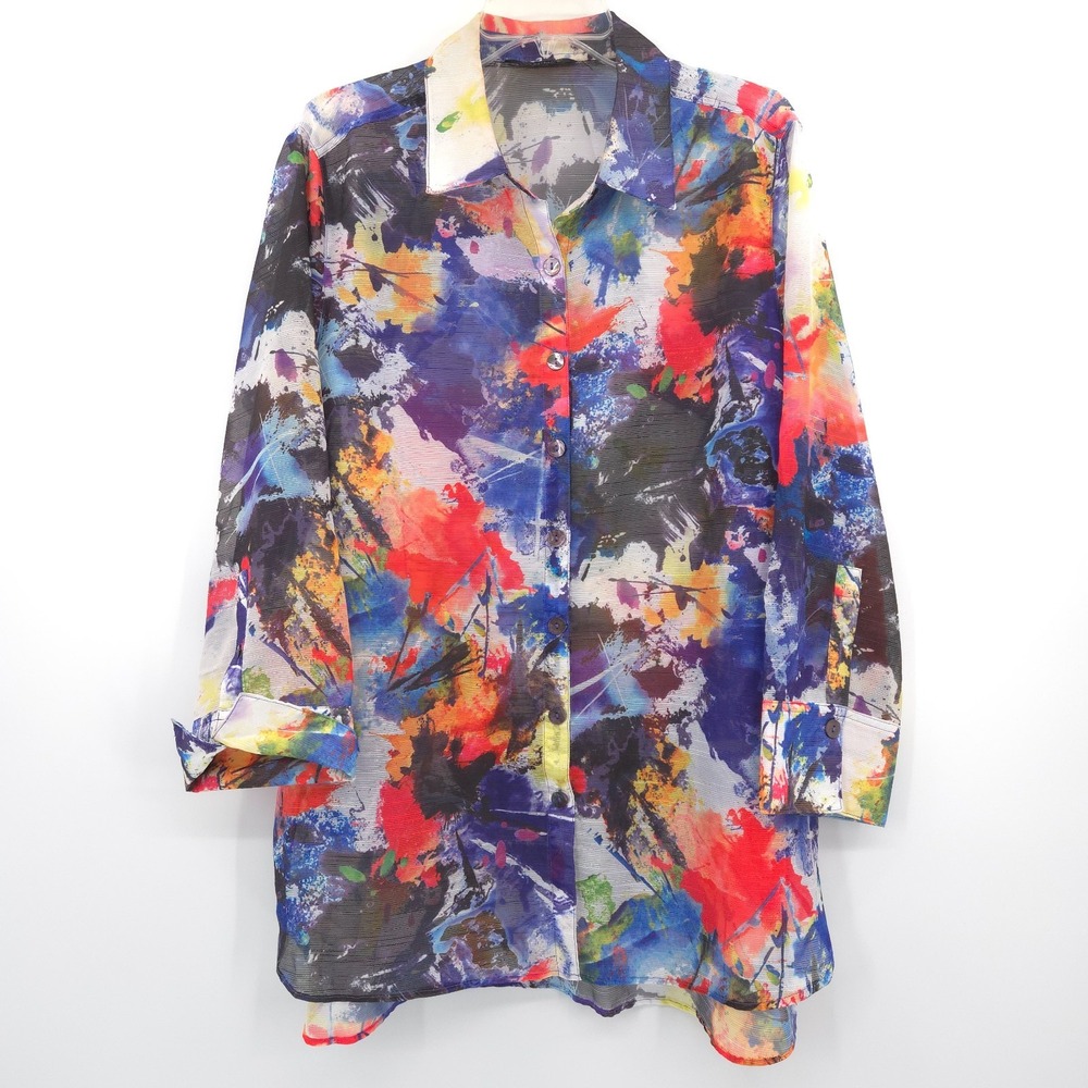 John Mark Button Down Shirt Womens XL Multicolor Abstract Watercolor Sheer Top